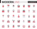 Flower pots for home garden flat thin red black line icon vector illustration set, gardening decoration symbols, linear