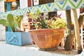 Flower pots near the house. Bodrum street view in Turkey.