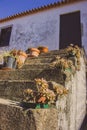 Flower pots nn outdoor stairs with close door. Patio design. Traditional backyard in Europe. Flowers on outdoor steps. Royalty Free Stock Photo