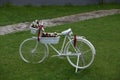 Old white bicycle with bloom flowers in plastic pots Royalty Free Stock Photo