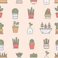 Various flower pots. Indoor plants and flowers. Minimalistic floral icons. Colored vector seamless pattern Royalty Free Stock Photo