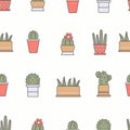 Various flower pots with cacti. succulent and cactus. Home plants. Minimalistic floral icons. Colored vector seamless pattern Royalty Free Stock Photo