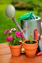 Flower pots and watering pot in green garden Royalty Free Stock Photo