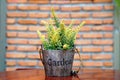 Flower pots on a wooden table