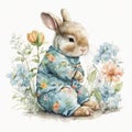 Flower Power Bunny: Cute Pajama-Clad Rabbit with Easter Flowers AI Generated