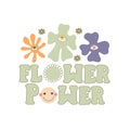 Flower power. Cartoon flowers, peace sign, hand drawing lettering, dÃ©cor elements. colorful vector illustration, retro style. Royalty Free Stock Photo