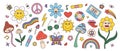 Flower power stickers, retro psychedelic collection. Groovy butterfly, hand drawn daisy, heart and sun, hippie mushroom