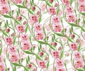 Floral pink flowers seamless artistic impressionist seamless design wall paper on a white ground