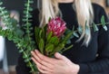 Flower a protea in hands at the blonde woman.