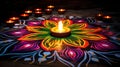 Flower rangoli diya lamps lit during Diwali celebration Generative AI