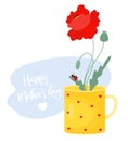 Flower Red poppy with ladybug on leaf in cup. Happy Mothers Day greeting card. Vector illustration. Royalty Free Stock Photo