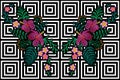 Flower reflection embroidery on black white seamless stripe background. Fashion print decoration plumeria hibiscus palm leaves. Tr Royalty Free Stock Photo