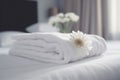 welcome flower bath towel window modern bedchamber spa comfortable bed. Generative AI. Royalty Free Stock Photo