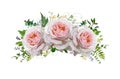 Flower rose Bouquet vector design wreath. Peach, pink roses, eucalyptus, blue privet berry herbal plant mix. Greeting cute lovely