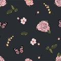 flower rose bugs butterfly seamless vector pattern Royalty Free Stock Photo