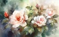 flower rose with green leaves, art illustration painted with watercolors, beautiful floral background, generative ai Royalty Free Stock Photo