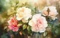 flower rose with green leaves, art illustration painted with watercolors, beautiful floral background, generative ai Royalty Free Stock Photo