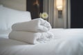 bedchamber bed comfortable welcome towel flower bath window spa modern. Generative AI.