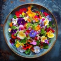 Flower Salad, Edible Flowers Dish, Color Fresh Salat in Bowl, Copy Space Royalty Free Stock Photo