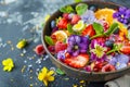 Flower Salad, Edible Flowers Dish, Color Fresh Salat in Bowl, Copy Space Royalty Free Stock Photo