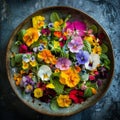 Flower Salad, Edible Flowers Dish, Color Fresh Salat in Bowl, Copy Space Royalty Free Stock Photo