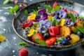 Flower Salad, Edible Flowers Dish, Color Fresh Salat in Bowl, Copy Space Royalty Free Stock Photo