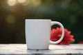 Flower Scented Coffee, Blank White 15 oz Coffee Mug Mockup with Beautiful Flowers in Background anf Bokeh - Generative AI