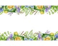 Flower seamless border. Spring floral watercolor illustration. Water lily, iris flowers and herbs in elegant ornament Royalty Free Stock Photo