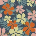 Palm leaves and hibiscus flowers form a modern tropical abstract summer floral seamless pattern Royalty Free Stock Photo