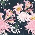 Flower seamless pattern with beautiful pink lily and chrysanthemum flowers on vintage dark blue background template Royalty Free Stock Photo