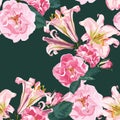 Flower seamless pattern with beautiful pink lily flowers and roses on dark green background template. Royalty Free Stock Photo