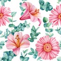 Flower seamless pattern. eucalyptus, gerbera and lily, watercolor flora illustration Royalty Free Stock Photo