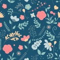 Flower seamless pattern. Field herbs daisy textile print decoration dark blue background fashion traditional vector illustration v Royalty Free Stock Photo