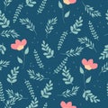Flower seamless pattern. Field herbs daisy textile print decoration dark blue background fashion traditional vector illustration v Royalty Free Stock Photo