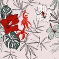 Flower seamless pattern, floral monstera, hibiscus vector background in red pink greeen colors.  Abstract line art illustration, Royalty Free Stock Photo