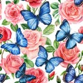 Flower seamless pattern. Roses and blue butterfly, watercolor flora illustration