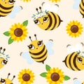 Flower seamless with sunflower, green leaves and flying cartoon bees on pastel green background. Royalty Free Stock Photo