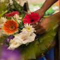 Flower seller is making flower a bouquet with red and orange color gerbera and white dahlia flower Royalty Free Stock Photo