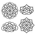 Simple abstract flowers icons set. Black and white round symmetrical flower set.