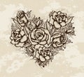 Flower set of pink roses. realistic, hand-drawn elements of flowers in the shape of a heart. romantic bouquet for advertising,