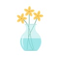 Flower set in vase. Yellow daisy flowers. Glass vases with blue water. Cute colorful icon collection. Green leaves. Ceramic Royalty Free Stock Photo
