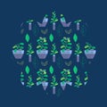 Flower shape made of house plants in design pots with faces. Pattern with indoor plants in trendy blue and green colors. Flat