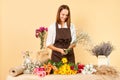 Flower shop ambiance. Workplace floral arrangements. Fresh blossoms for sale. Smiling woman florist in brown apron making bouquet Royalty Free Stock Photo