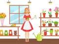 Flower Shop, Beautiful Young Woman Florist in Apron Caring for Houseplants, Girl Standing in front of Shelves with