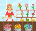 Flower Shop, Cheerful Young Woman Florist in Apron Making Bouquet of Flowers Flat Vector Illustration Royalty Free Stock Photo