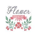 Flower shop colorful logo, badge in vintage style for floral boutique, wedding service, florist vector Illustration Royalty Free Stock Photo