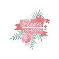 Flower shop colorful logo template, badge in vintage style for floral boutique, wedding service, florist vector Royalty Free Stock Photo