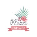 Flower shop colorful logo template, label or badge in vintage style for floral boutique, wedding service, florist vector Royalty Free Stock Photo
