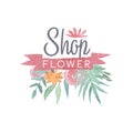 Flower shop colorful logo template with ribbon, label or badge in vintage style for floral boutique, wedding service Royalty Free Stock Photo