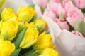 Tuips closeup. Flower shop concept. Mixed color. Fresh spring flowers in refrigerator room for flowers. Bouquets on Royalty Free Stock Photo